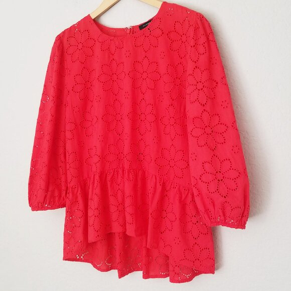 Halogen Women's M 3/4 Sleeve Eyelet Floral Peplum Blouse In Red Poinsettia $69 - Picture 3 of 16